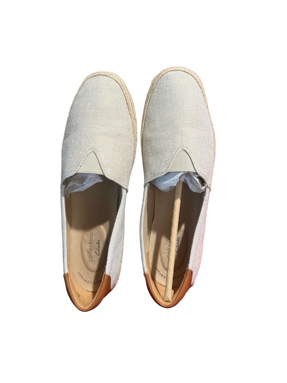 Clarks Canvas Slip-On Loafers in Cream with Tan Heel